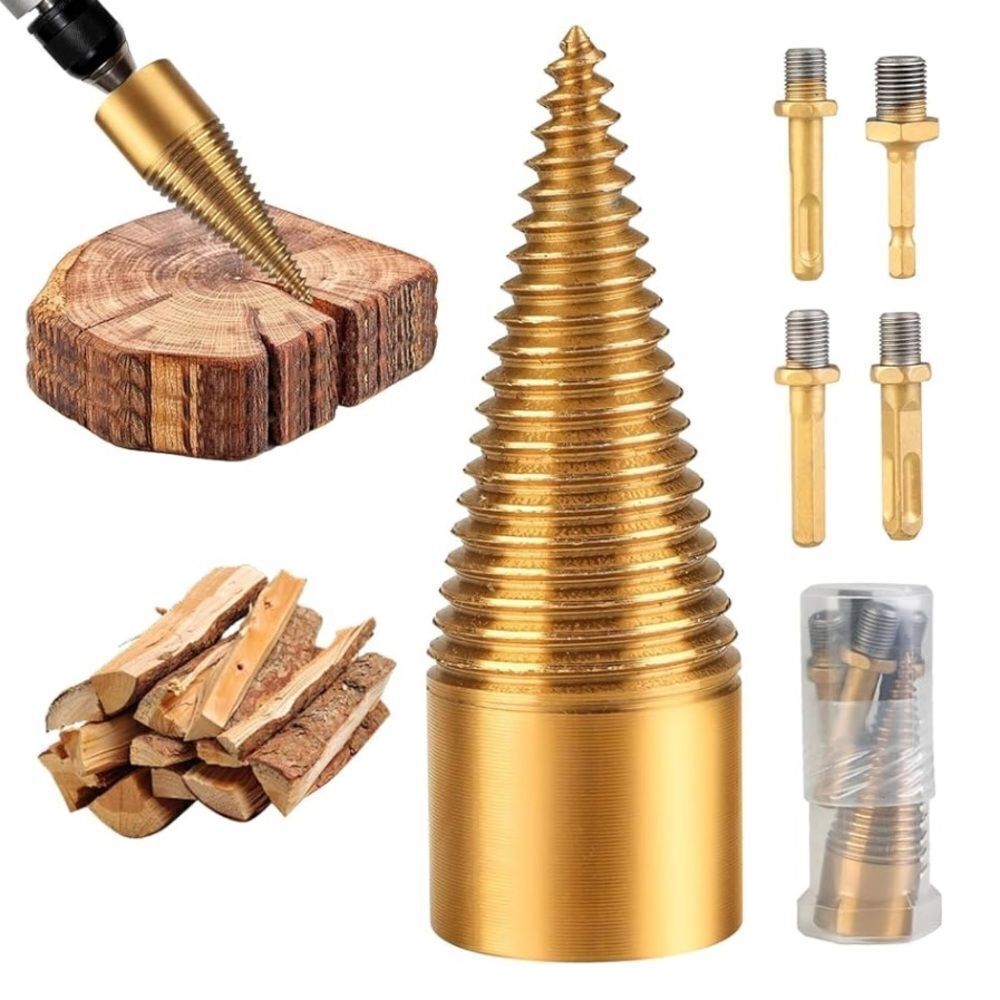 Firewood Drill Bit Set-4 Handles, Detachable Wood Splitter Drill Bits 32mm Cones